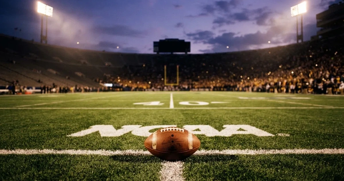 Ein American-Football-Ball liegt auf einem Rasenplatz unter Flutlicht, im Hintergrund eine große Tribüne in der Dämmerung.