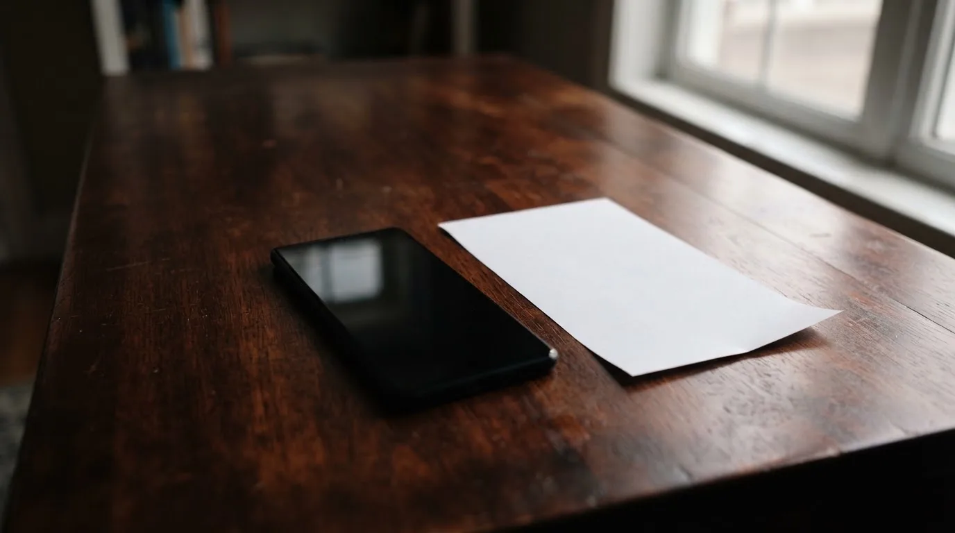 Ein Smartphone liegt mit dunklem Display auf einem Holztisch neben einem leeren Papier-Wettschein, Licht fällt von einem Fenster.