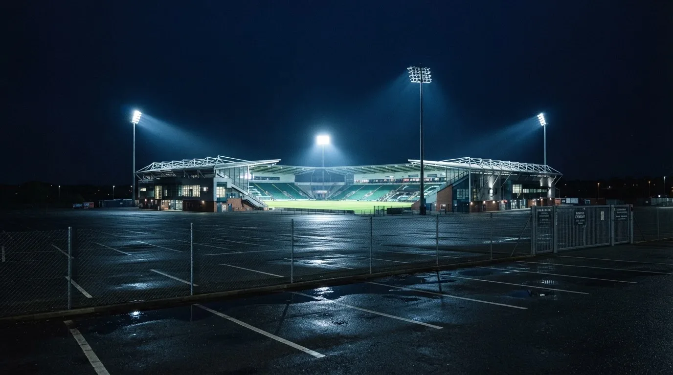 Ein Stadion unter Flutlicht von weitem betrachtet, davor ein stiller Platz bei Dunkelheit und feuchtem Asphalt.