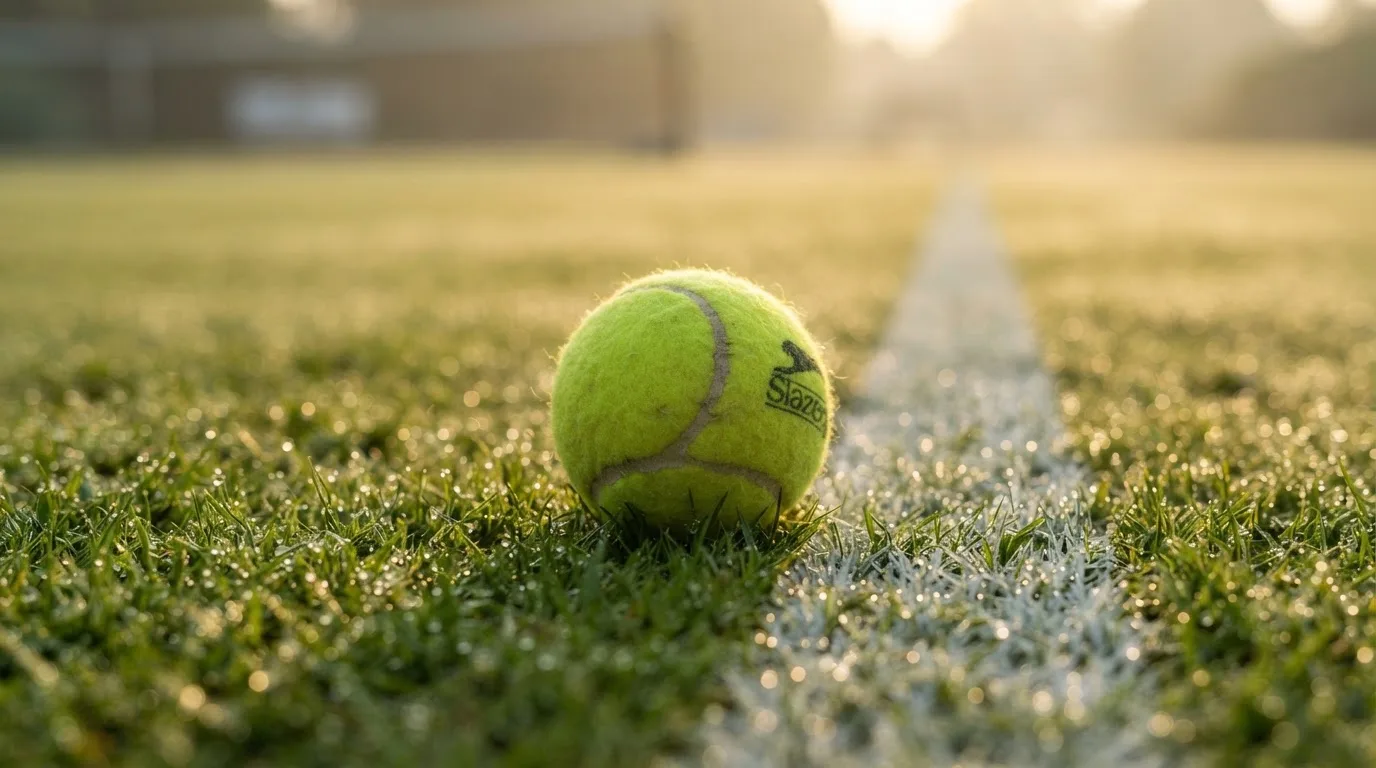 Ein Tennisball liegt auf frisch gemähtem Gras neben einer weißen Linie, Tautropfen glänzen im Gegenlicht.