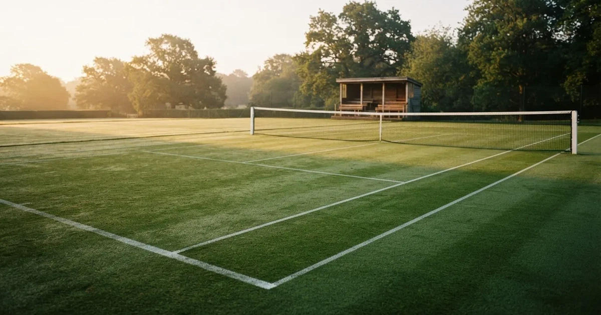 Ein Tennisplatz mit Rasenbelag im Morgenlicht, Netz und weiße Linien, im Hintergrund eine ruhige Tribüne.