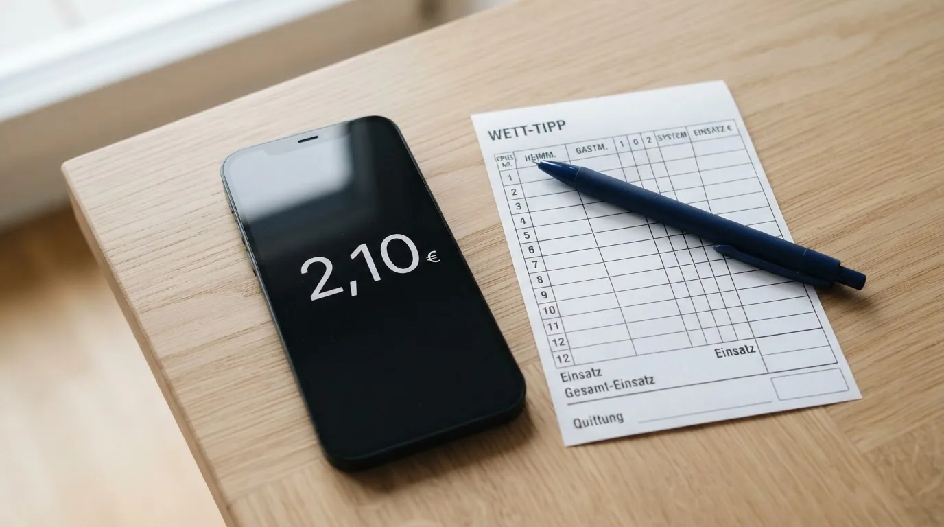 Ein Smartphone mit dunklem Display liegt neben einem leeren Papier-Wettschein auf einem Tisch am Fenster.