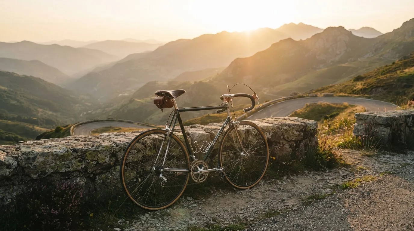 Ein Rennrad lehnt an einer Steinmauer in einer Bergkurve, im Hintergrund eine weite Hügellandschaft im Gegenlicht.