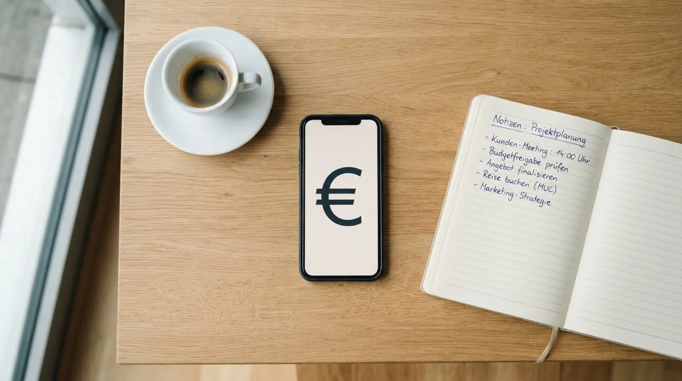 Ein Smartphone liegt auf einem Tisch neben einem Notizbuch mit handschriftlichen Notizen und einer Tasse Kaffee.