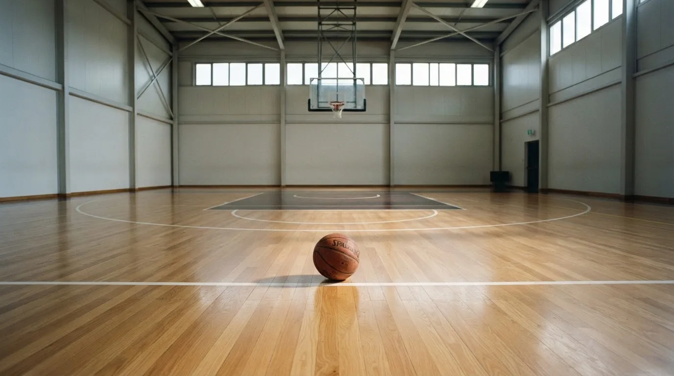 Ein Basketballkorb in einer leeren Halle, der Ball liegt unter dem Brett auf dem Parkett.