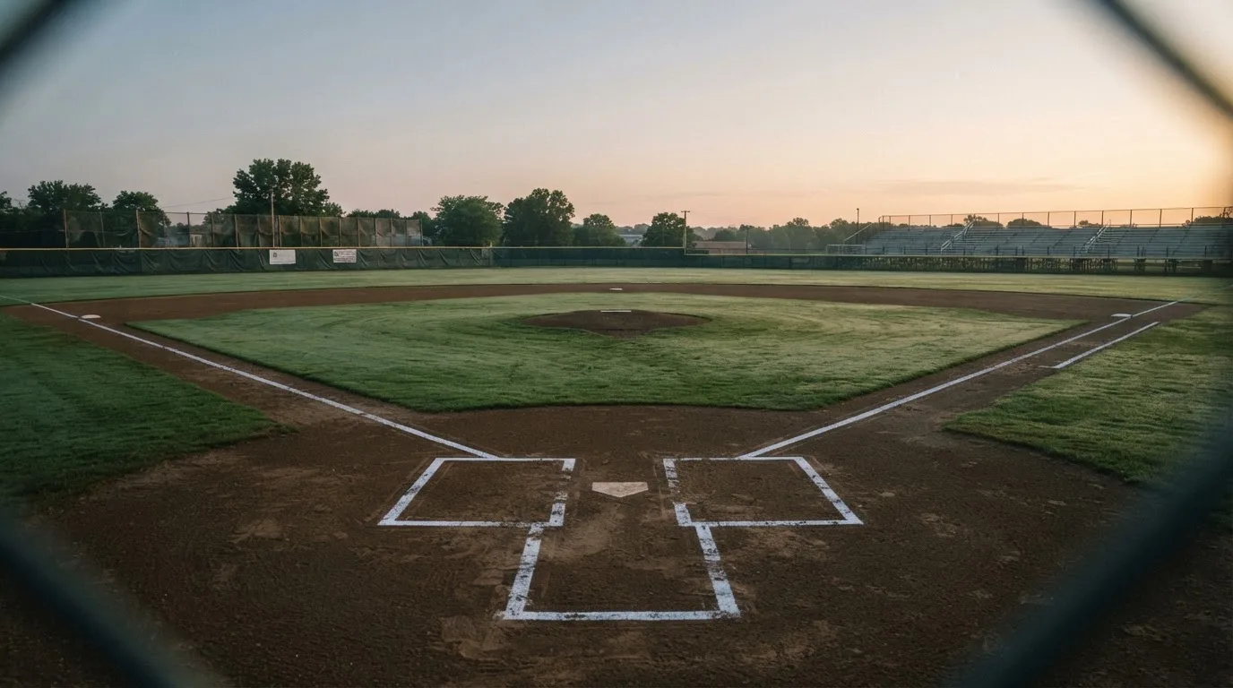 Ein Baseballfeld mit leerem Infield im Morgenlicht, die Linien frisch gezogen, keine Spieler im Bild.