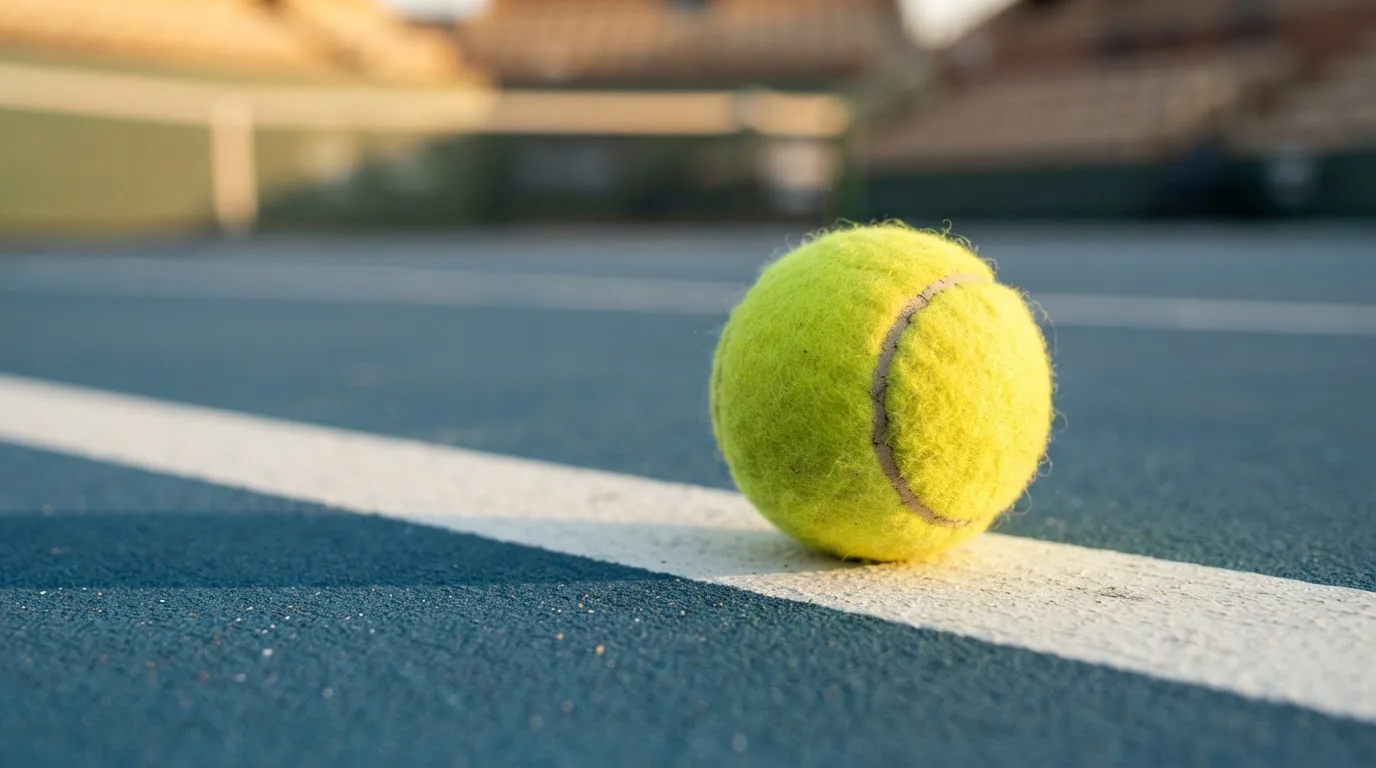 Ein Tennisball liegt in Nahaufnahme auf einer Grundlinie, dahinter verschwimmt ein leerer Platz in warmem Licht.
