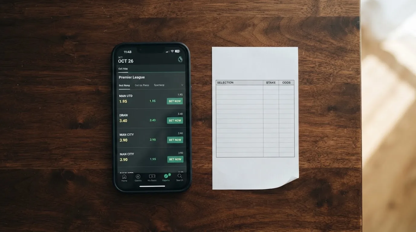Ein Smartphone mit dunklem Display liegt neben einem leeren Papier-Wettschein auf einem Tisch, Licht fällt von der Seite.
