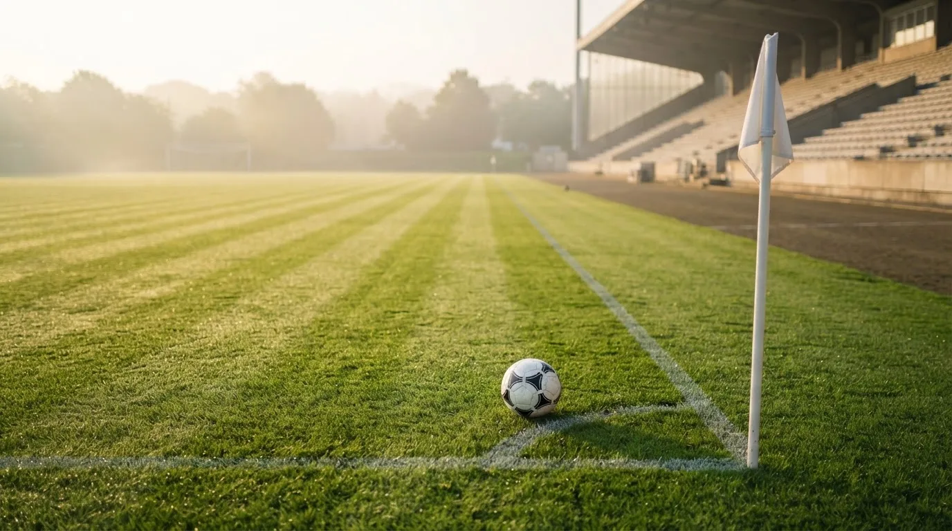 Ein Fußball liegt auf Rasen neben einer Eckfahne ohne Aufdruck auf einem leeren Platz im Morgenlicht.