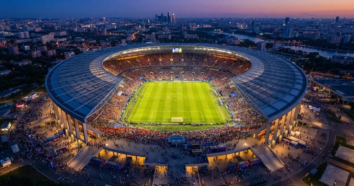 Ein riesiges Stadion in der Abenddämmerung aus der Vogelperspektive gesehen, die Lichter an den Rängen sind eingeschaltet.