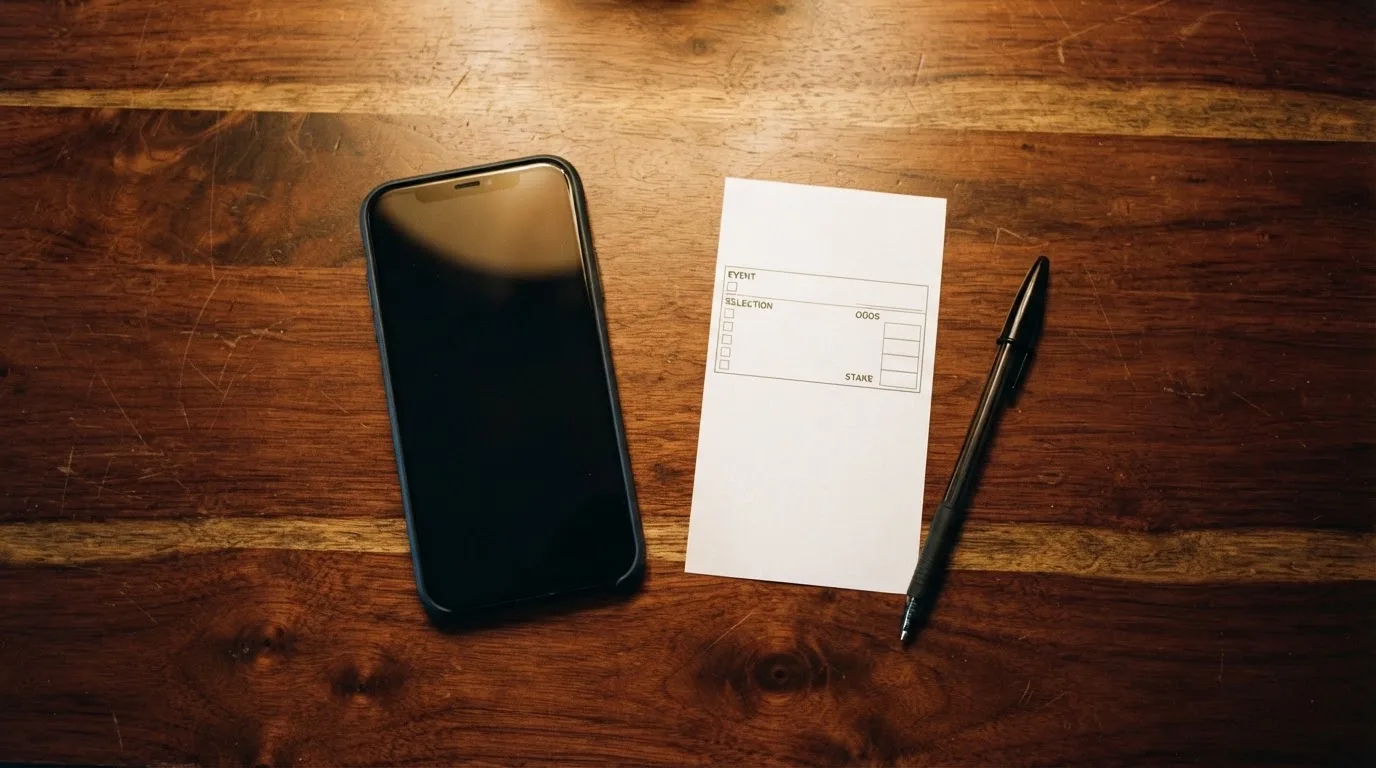 Ein Smartphone liegt mit dunklem Display neben einem leeren Papier-Wettschein und einem Stift auf einem Holztisch.