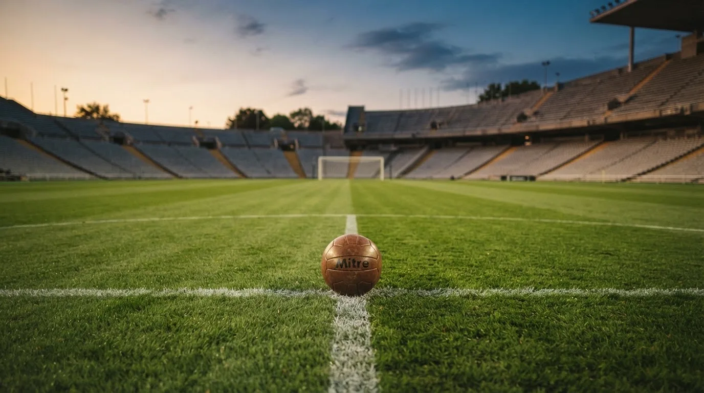 Ein Fußball liegt auf dem Anstoßpunkt eines Rasenplatzes, dahinter eine leere Tribüne im Abendlicht.