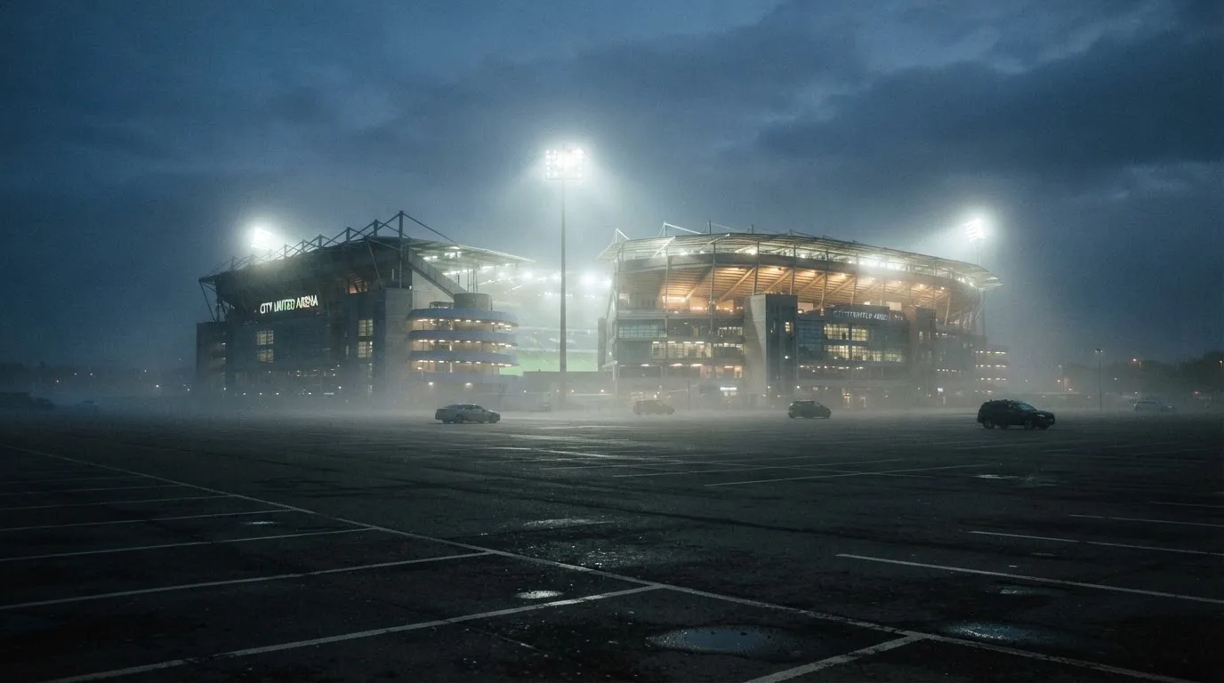 Ein Stadion unter Flutlicht aus der Ferne gesehen, davor ein stiller Parkplatz bei Nebel.