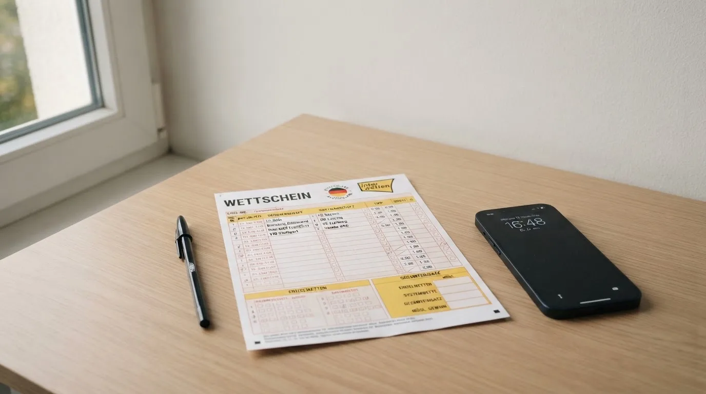 Ein leerer Papier-Wettschein und ein Kugelschreiber liegen neben einem Smartphone mit dunklem Display auf einem Schreibtisch am Fenster.