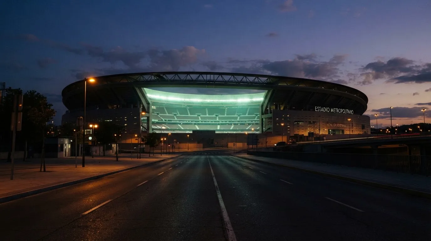 Ein Stadion unter Flutlicht aus großer Entfernung, davor eine leere Straße in der Abenddämmerung.
