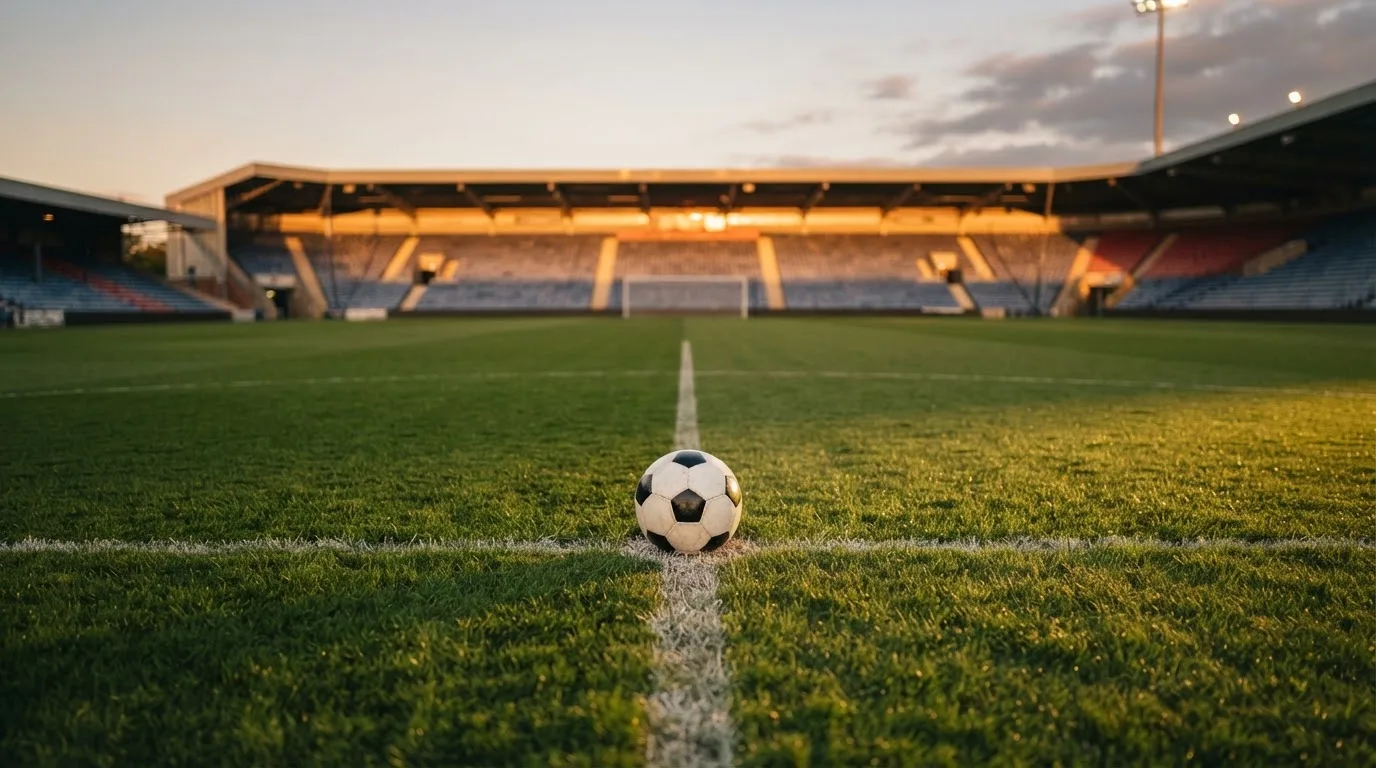 Ein Fußball liegt auf dem Anstoßpunkt eines Rasenplatzes, dahinter eine leere Tribüne im Abendlicht.