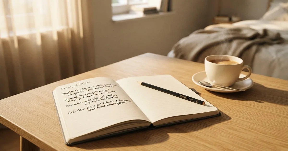 Eine Kaffeetasse, ein Notizbuch mit handschriftlichen Notizen und ein Bleistift auf einem hellen Schreibtisch am Morgen.