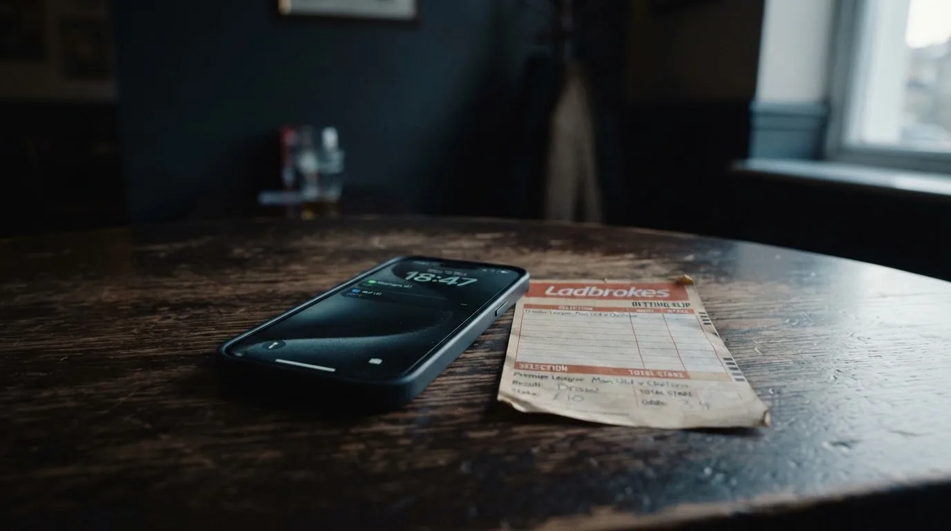 Ein Smartphone mit dunklem Display liegt neben einem leeren Papier-Wettschein auf einem Holztisch, Licht fällt von der Seite.