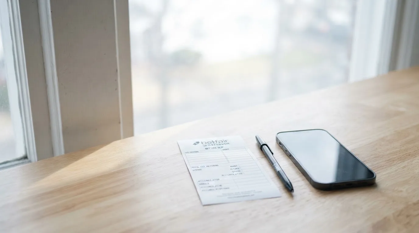 Ein leerer Papier-Wettschein und ein Kugelschreiber liegen neben einem Smartphone mit dunklem Display auf einem Schreibtisch am Fenster.