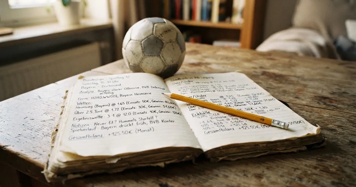 Ein Notizbuch mit handschriftlichen Notizen und einem Bleistift liegt auf einem Holztisch, daneben ein kleiner Fußball im Tageslicht.