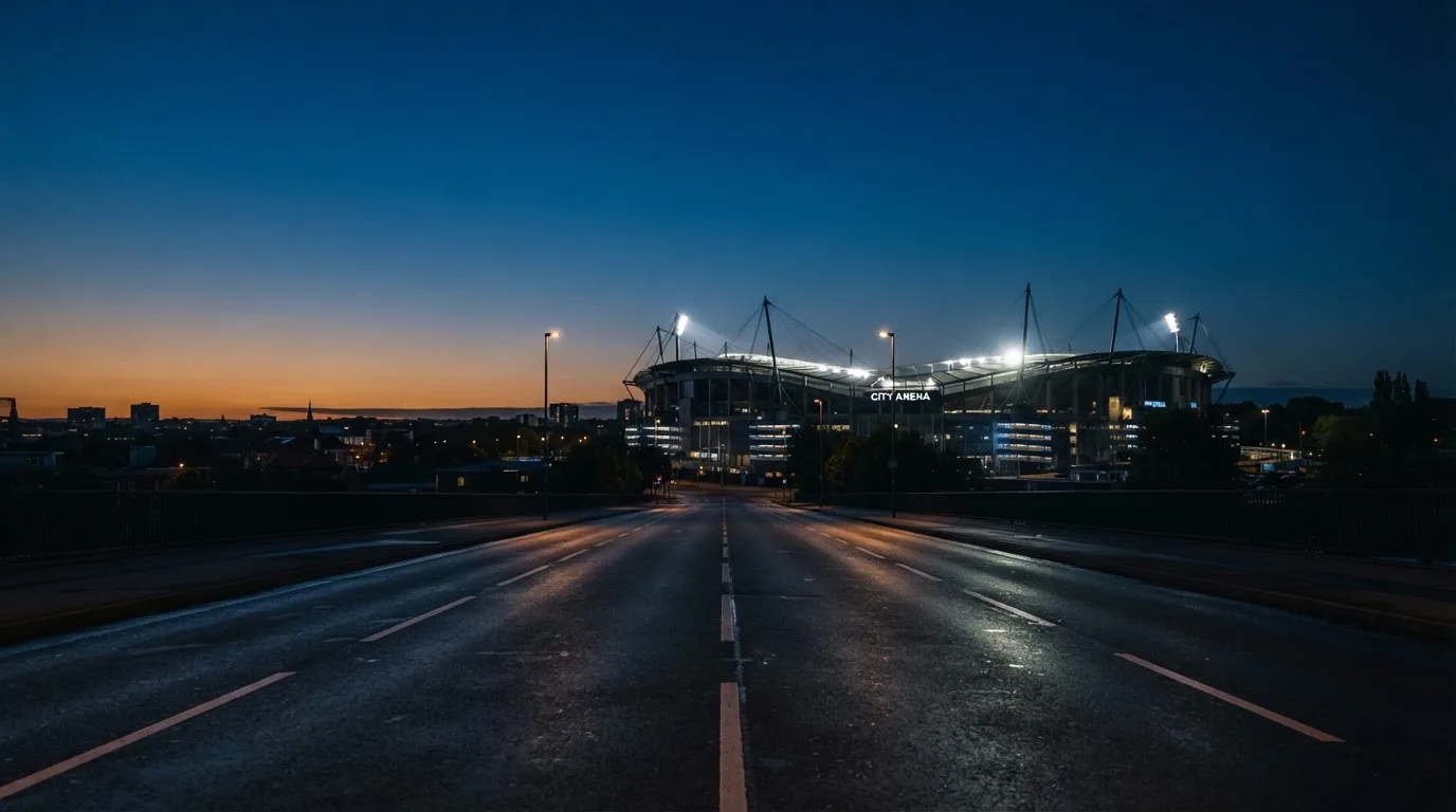 Ein Stadion unter Flutlicht aus großer Entfernung, davor eine leere Straße in der Abenddämmerung.