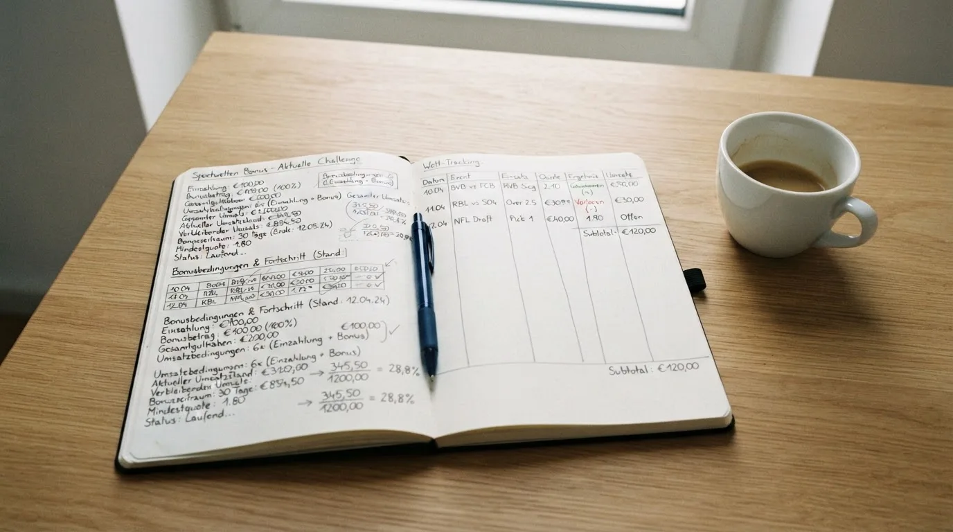 Ein Notizbuch mit handschriftlichen Notizen und ein Taschenrechner stehen auf einem Schreibtisch, daneben eine Tasse.