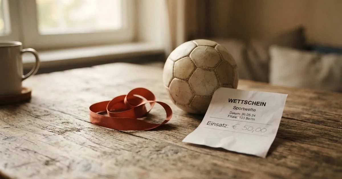 Ein kleines Geschenkband liegt neben einem Fußball und einem leeren Papier-Wettschein auf einem Holztisch im Tageslicht.