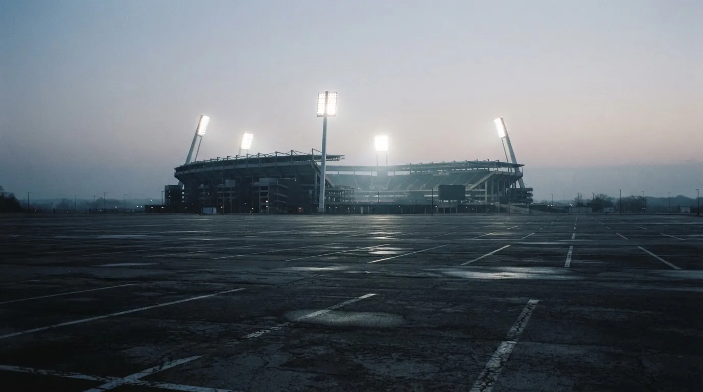 Ein Stadion unter Flutlicht aus der Ferne gesehen, davor ein leerer Parkplatz im Dunst.