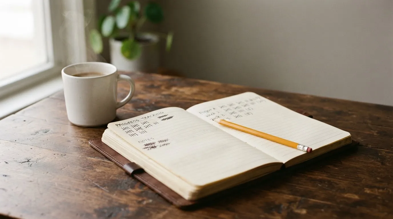 Ein Notizbuch mit handgeschriebenen Strichlisten liegt neben einem Bleistift und einer Kaffeetasse auf einem Holztisch.