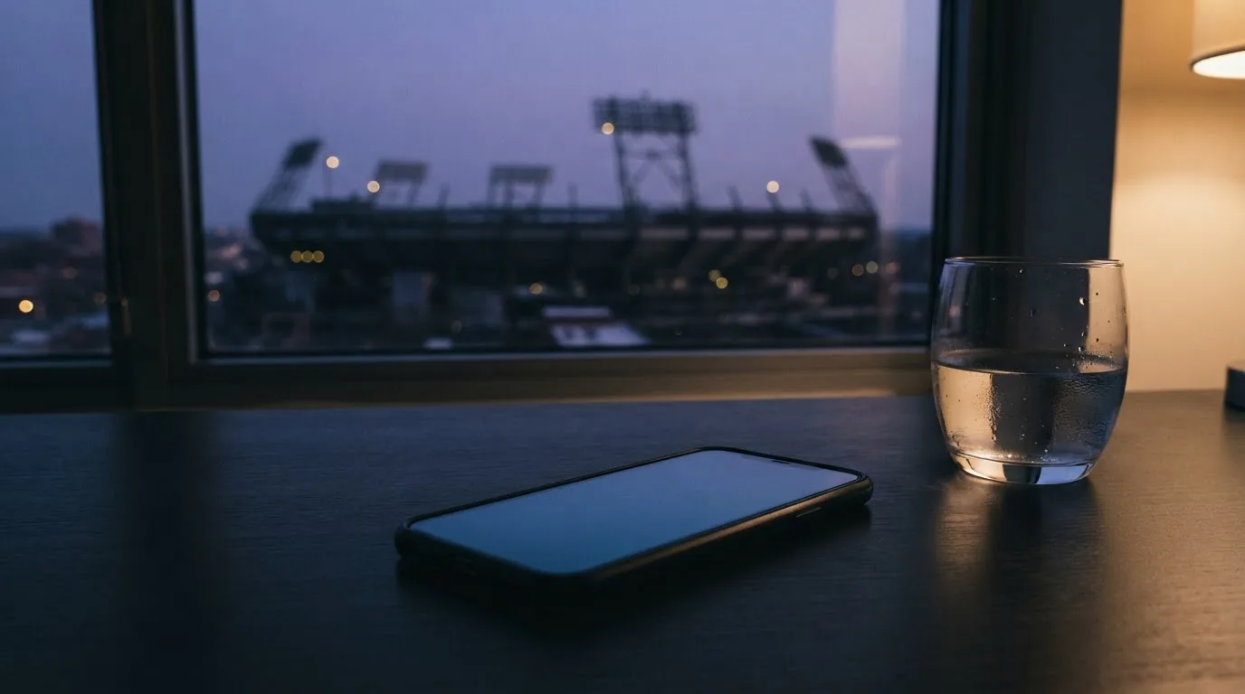 Ein Smartphone mit dunklem Display liegt auf einem Schreibtisch neben einem Glas Wasser, im Fenster dahinter ein Stadion im Dämmerlicht.