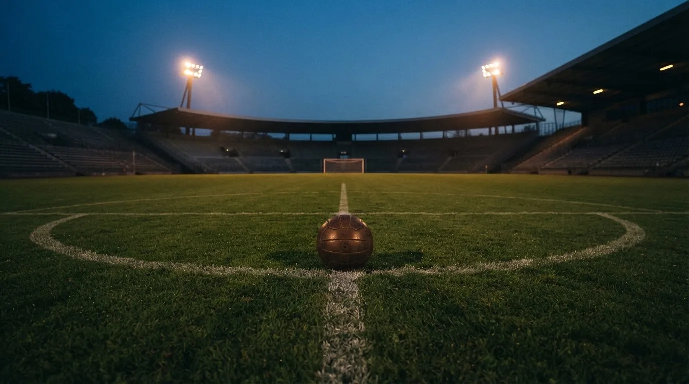 Ein Fußball liegt auf dem Mittelkreis eines leeren Rasenplatzes unter Flutlicht am frühen Abend, die Tribünen sind nur schemenhaft zu erkennen.