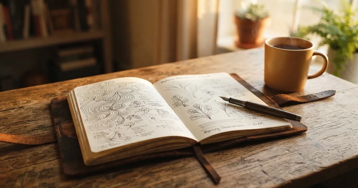 Ein aufgeschlagenes Notizbuch mit handgezeichneten Kurven und Strichen liegt neben einem Taschenrechner auf einem Schreibtisch im Morgenlicht.