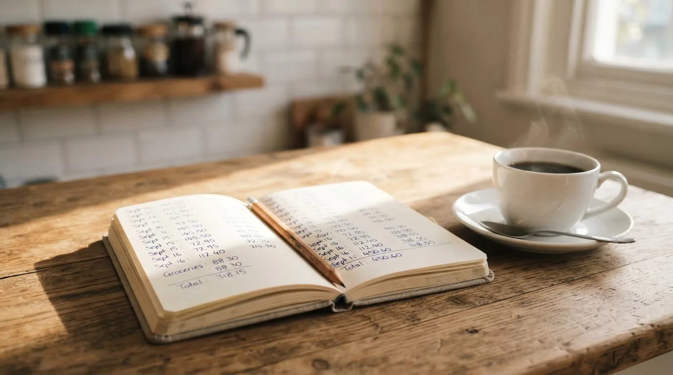 Ein Notizbuch mit handschriftlichen Zahlenreihen und ein Bleistift liegen auf einem Küchentisch neben einer Tasse.