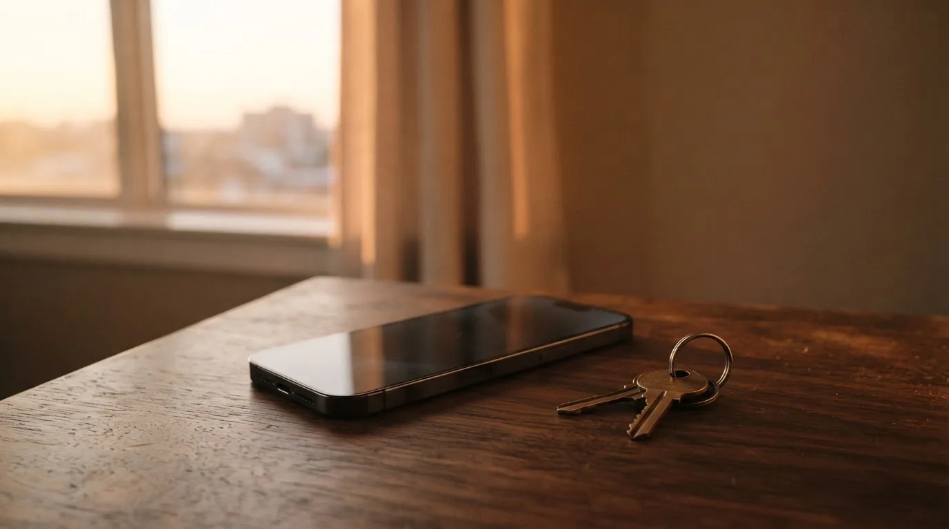 Ein Smartphone mit dunklem Display liegt auf einem Holztisch, daneben ein Schlüsselbund, im Hintergrund ein Fenster mit Abendlicht.