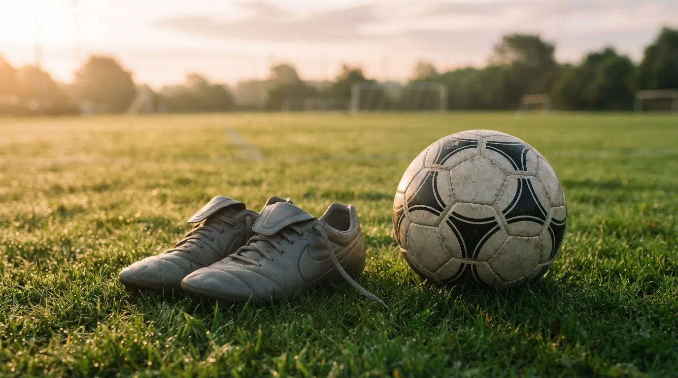 Ein Fußball auf frisch gemähtem Rasen im Morgenlicht, daneben ein Paar Fußballschuhe ohne erkennbare Marke.
