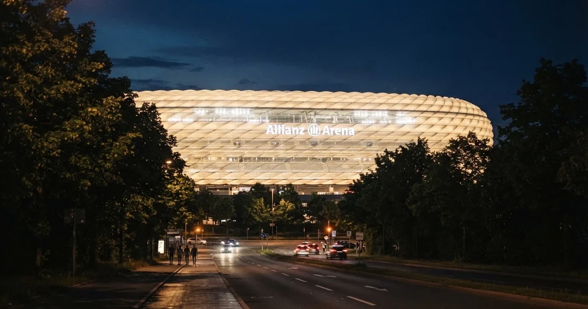 Ein Fußballstadion bei Nacht aus großer Entfernung, hell erleuchtet unter Flutlicht, davor eine dunkle Straße und Bäume.