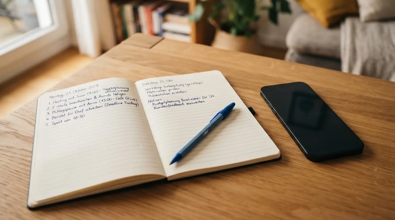 Ein Notizbuch mit handgeschriebenen Zahlen und ein Kugelschreiber liegen auf einem Tisch, daneben ein Smartphone mit schwarzem Bildschirm.