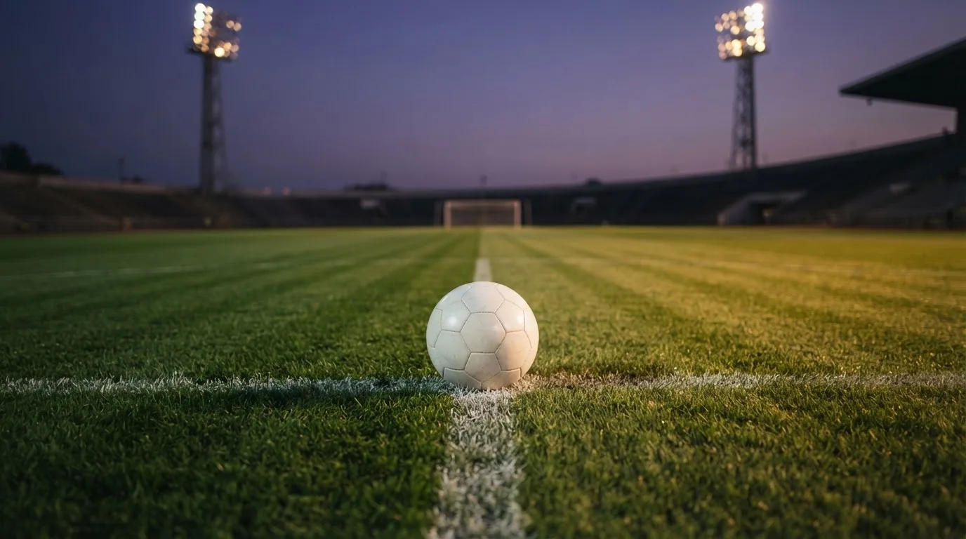 Ein Fußball liegt auf dem Anstoßpunkt eines Rasenplatzes in der Abenddämmerung, Flutlichtmasten stehen unscharf im Hintergrund.