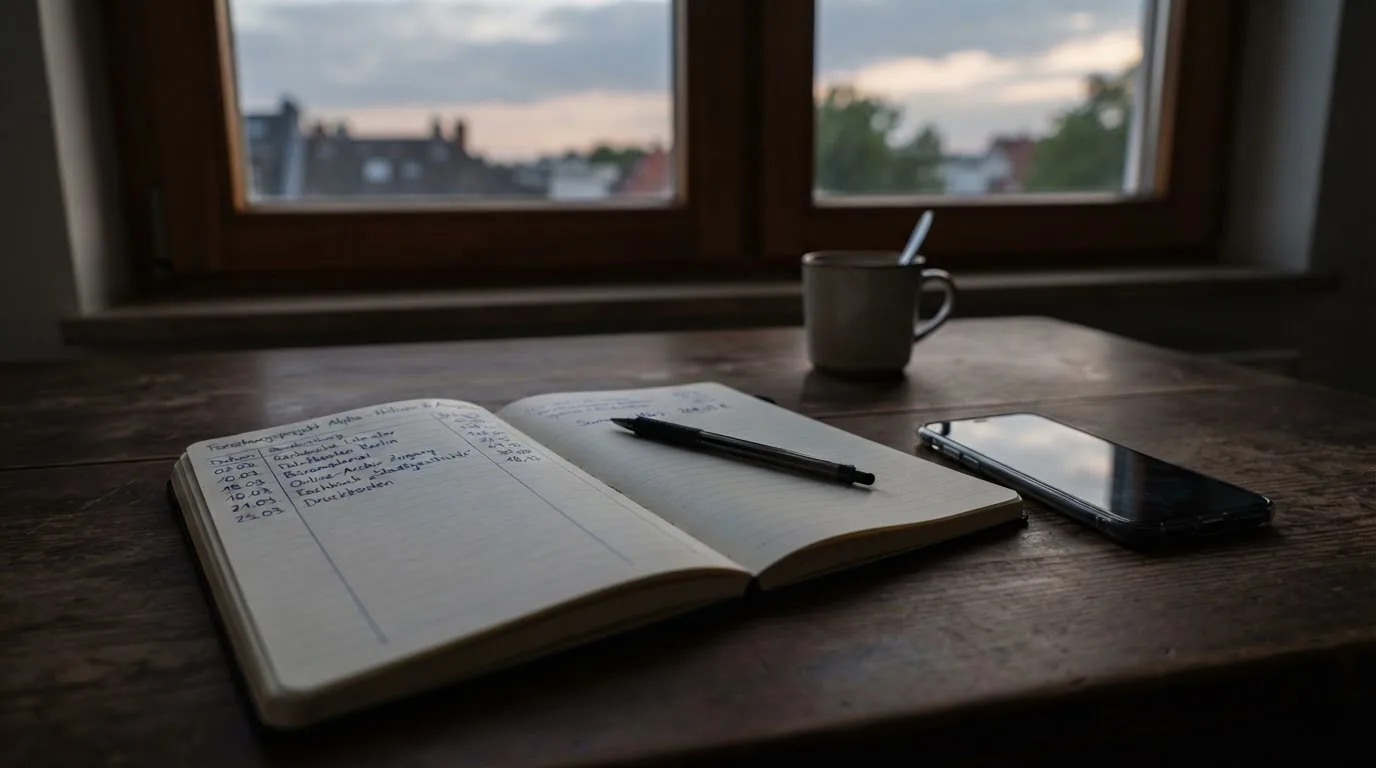 Ein Notizbuch mit handschriftlichen Zahlen liegt neben einem Smartphone mit dunklem Display auf einem Tisch, im Fenster Dämmerlicht.