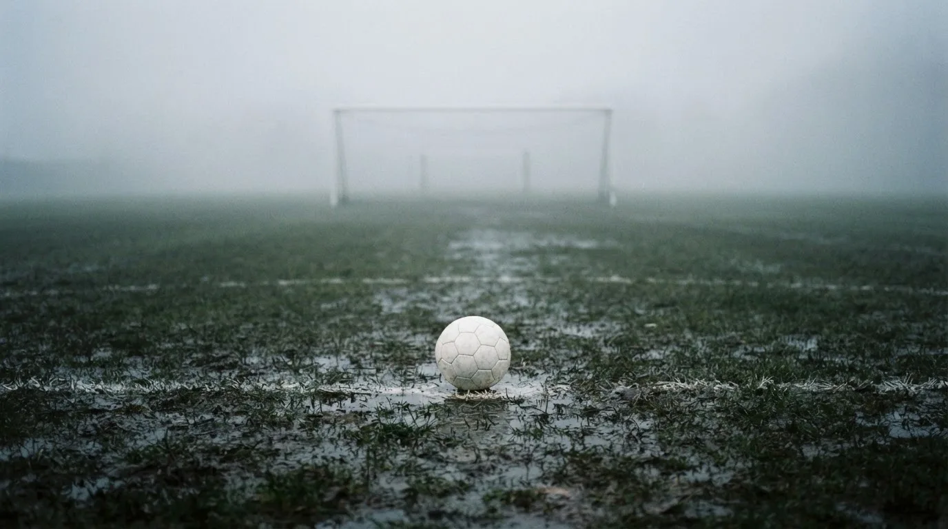 Ein Fußball liegt auf dem Elfmeterpunkt eines nassen Rasenplatzes, im Hintergrund ein leeres Tor im Nebel.