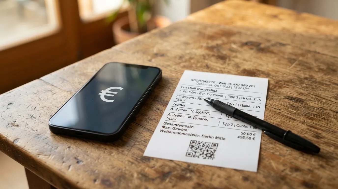 Ein leerer Papier-Wettschein und ein Kugelschreiber liegen auf einem Holztisch neben einem schwarzen Smartphone.