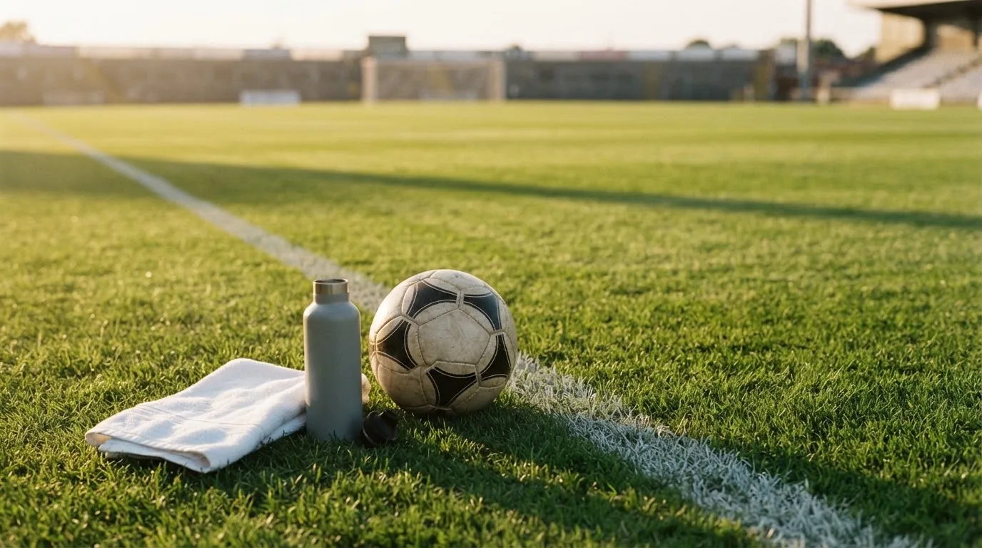 Ein Fußball auf einer Wiese neben der Seitenlinie, daneben eine Trinkflasche ohne Aufdruck und ein Handtuch.