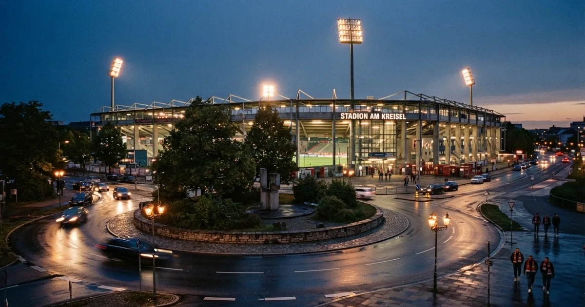 Ein Fußballstadion in der Dämmerung aus der Ferne, die Flutlichter gerade eingeschaltet, davor ein Kreisverkehr mit Laternen.