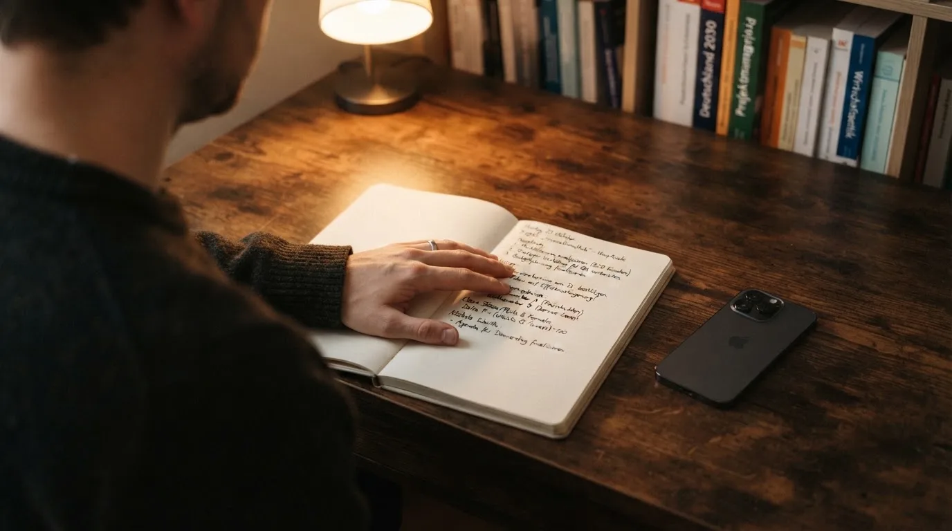 Ein Notizbuch mit handschriftlichen Notizen und ein Taschenrechner liegen auf einem Schreibtisch neben einem Smartphone mit dunklem Display.