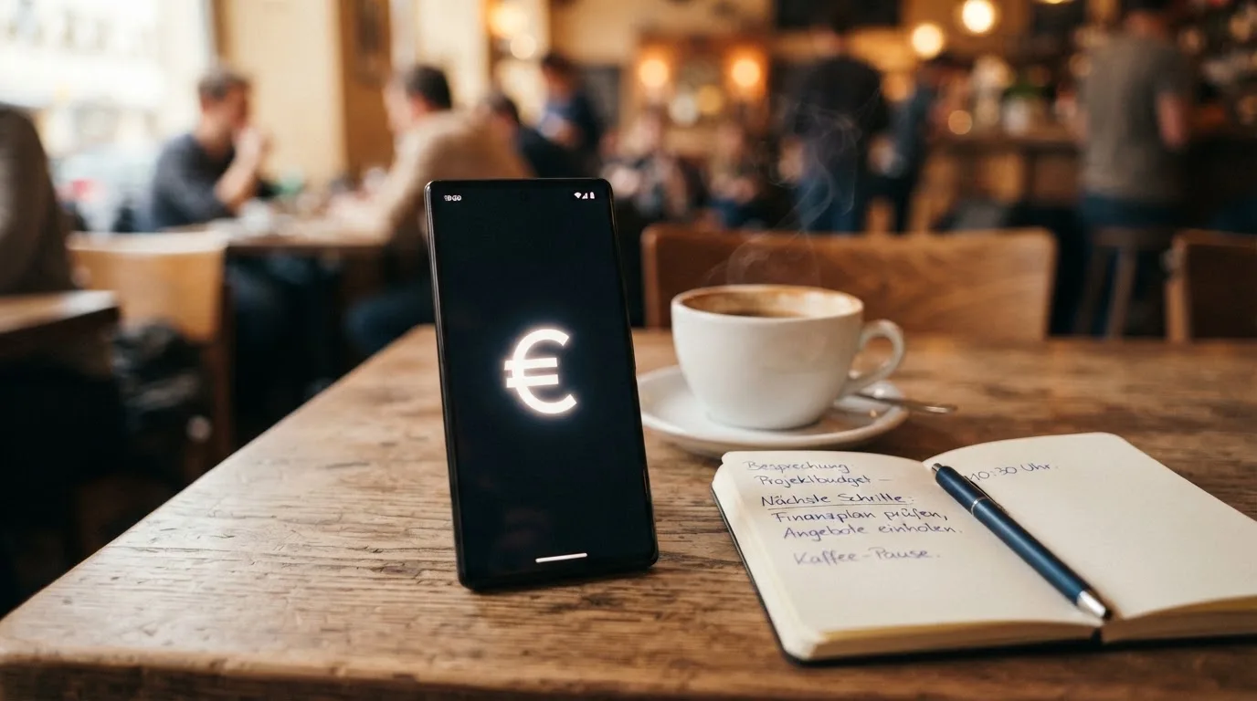 Ein Smartphone liegt mit schwarzem Display neben einer Kaffeetasse und einem Notizblock auf einem Café-Tisch.