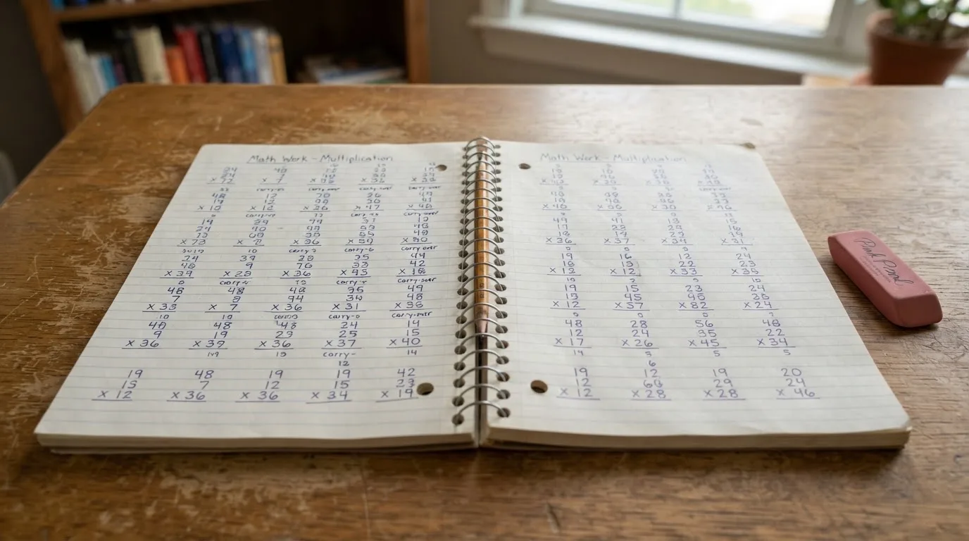 Ein Notizbuch mit handschriftlichen Multiplikationen liegt aufgeschlagen auf einem Holztisch, daneben ein Bleistift und ein Radiergummi.