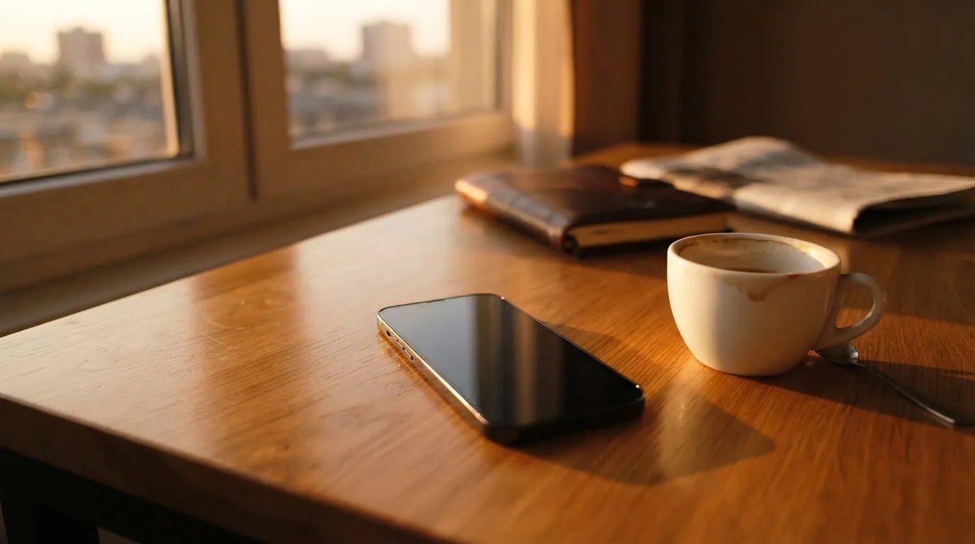 Ein Smartphone mit dunklem Display liegt neben einer Kaffeetasse auf einem Schreibtisch, durch das Fenster fällt Abendlicht.