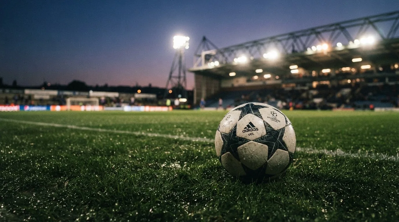 Ein Fußball liegt auf einem Rasenplatz in der Dämmerung, im Hintergrund ein ferner Stadionrand unter Flutlicht.