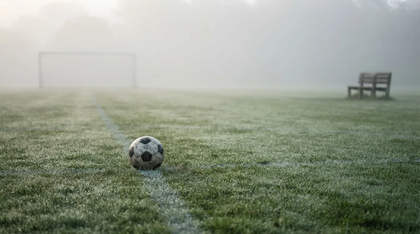 Ein Fußball liegt in der Mitte eines leeren Rasenplatzes im Morgennebel, am Rand steht eine einzelne Auswechselbank.
