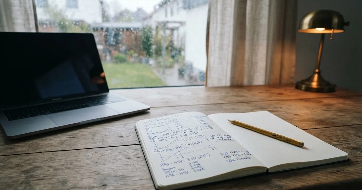 Ein Laptop-Bildschirm bleibt dunkel, davor ein Notizbuch mit handgezeichneten Kurven und ein Bleistift auf einem Schreibtisch am Fenster.